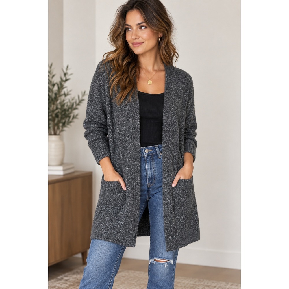 Charcoal Gray Fuzzy Longline Cardigan Medium Open Front Cozy Fall Sweater